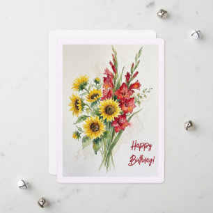 Birthday sunflowers watercolour floral red glads holiday card