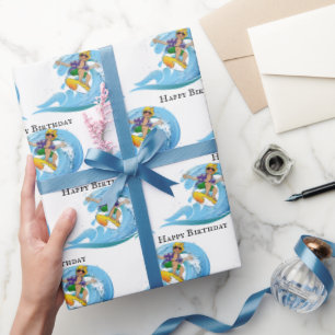 Birthday Surfer on Blue Wave    Wrapping Paper