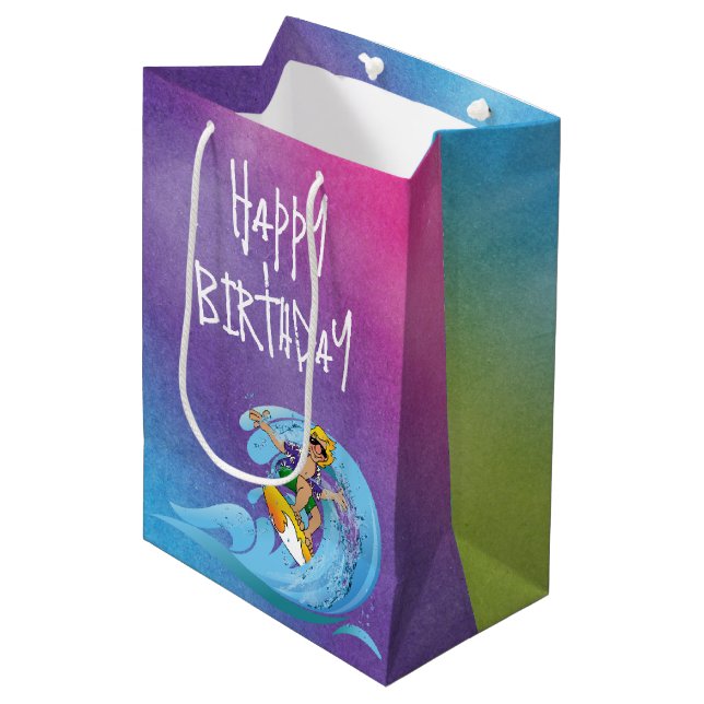 Birthday Surfer on Rainbow Wave Medium Gift Bag (Front Angled)