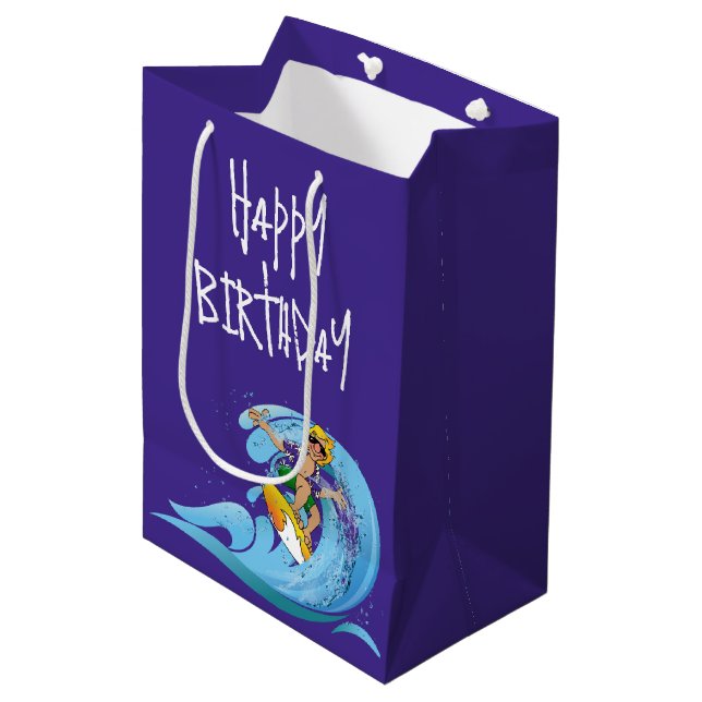 Birthday Surfer on Wave Medium Gift Bag (Front Angled)