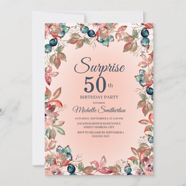 Birthday Surprise 50th Women Pink Teal Floral Invitation (Front)