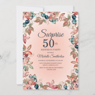 Birthday Surprise 50th Women Pink Teal Floral Invitation