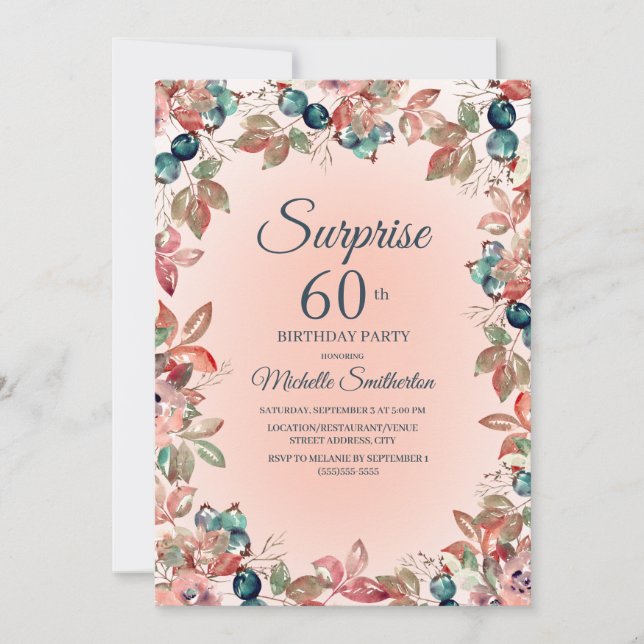 Birthday Surprise 60th Women Pink Teal Floral Invitation (Front)