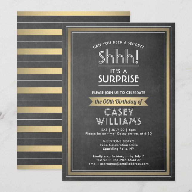 Birthday Surprise Party Black Chalkboard and Gold Invitation (Front/Back)