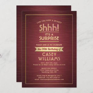 Birthday Surprise Party Brushed Burgundy and Gold Invitation