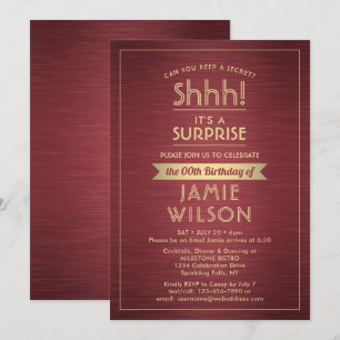Birthday Surprise Party Brushed Burgundy and Gold Invitation