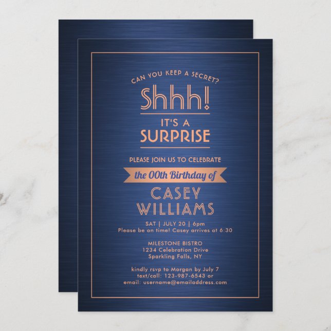 Birthday Surprise Party Brushed Navy Blue & Copper Invitation (Front/Back)