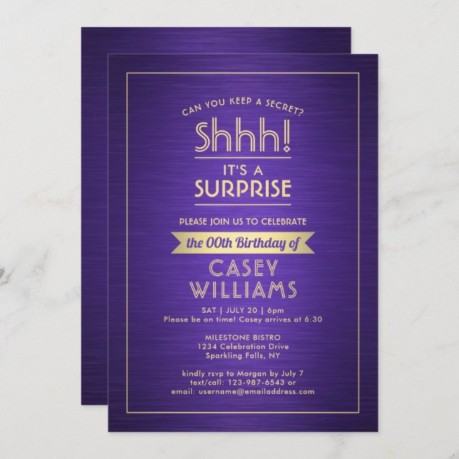 Birthday Surprise Party Brushed Purple and Gold Invitation (Front/Back)