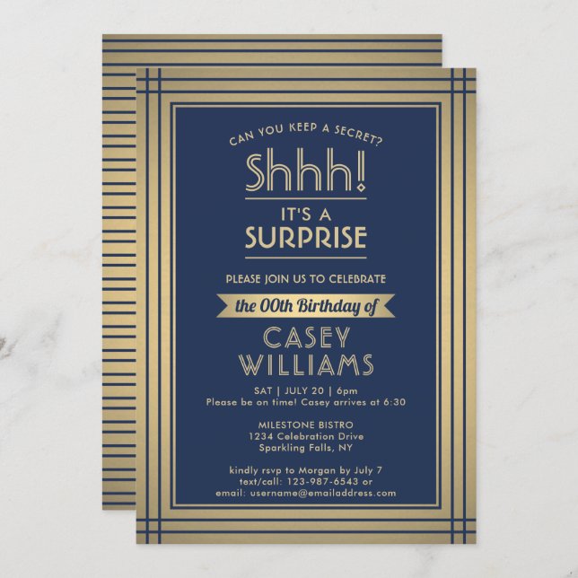 Birthday Surprise Party Elegant Navy Blue and Gold Invitation (Front/Back)