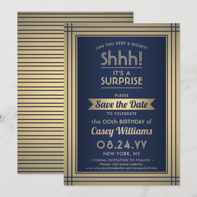 Birthday Surprise Party Elegant Navy Blue and Gold Save The Date (Front/Back)