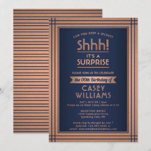 Birthday Surprise Party Elegant Navy Blue & Copper Invitation