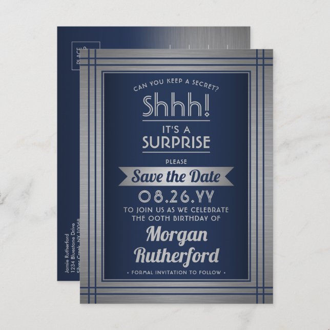 Birthday Surprise Party Navy Blue Save the Date Announcement Postcard (Front/Back)