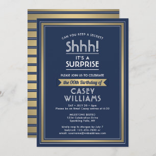 Birthday Surprise Party Navy Blue, White and Gold Invitation