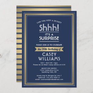 Birthday Surprise Party Navy Blue, White and Gold Invitation
