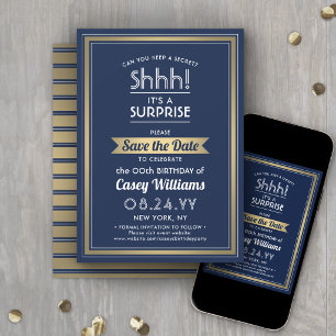 Birthday Surprise Party Navy Blue, White and Gold Save The Date