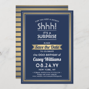 Birthday Surprise Party Navy Blue, White and Gold Save The Date