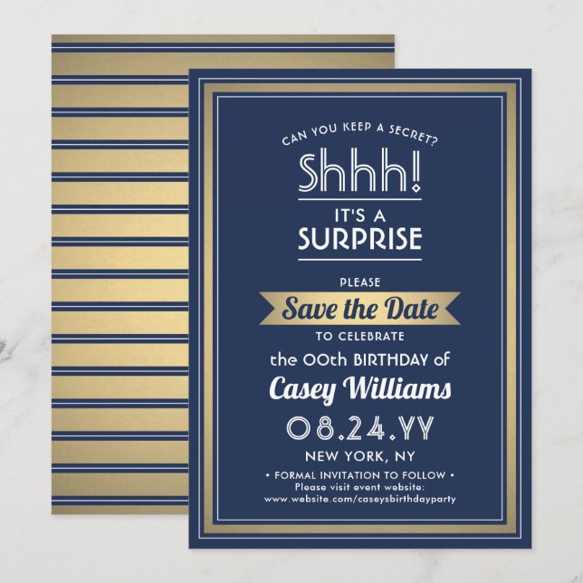 Birthday Surprise Party Navy Blue, White and Gold Save The Date (Front/Back)