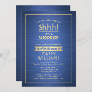 Birthday Surprise Party Shhh! Brushed Blue & Gold Invitation