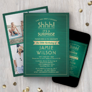Birthday Surprise Party Shhh! Brushed Green & Gold Invitation