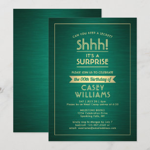 Birthday Surprise Party Shhh! Brushed Green & Gold Invitation