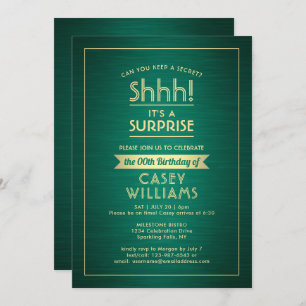 Birthday Surprise Party Shhh! Brushed Green & Gold Invitation