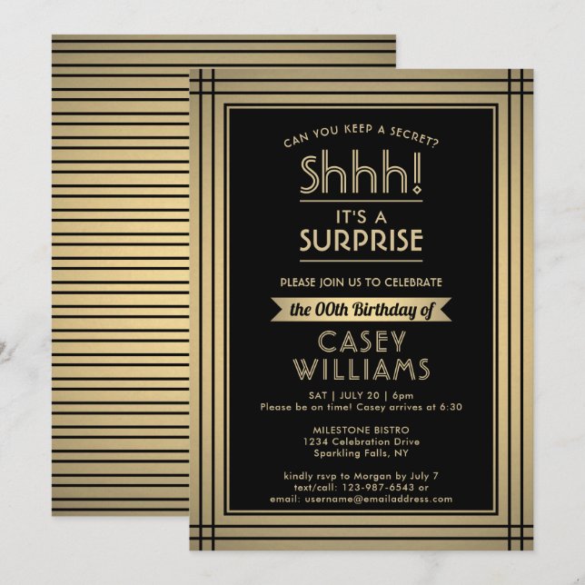 Birthday Surprise Party Shhh! Elegant Black & Gold Invitation (Front/Back)