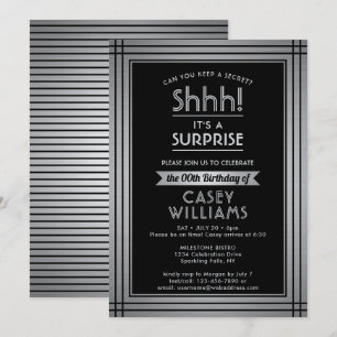 Birthday Surprise Party Shhh! Elegant Black & Grey Invitation