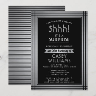 Birthday Surprise Party Shhh! Elegant Black & Grey Invitation