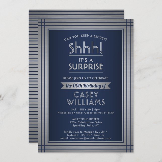 Birthday Surprise Party Shhh! Elegant Navy Blue Invitation (Front/Back)