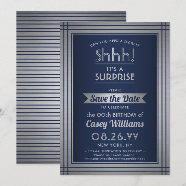 Birthday Surprise Party Shhh! Elegant Navy Blue Save The Date (Front/Back)