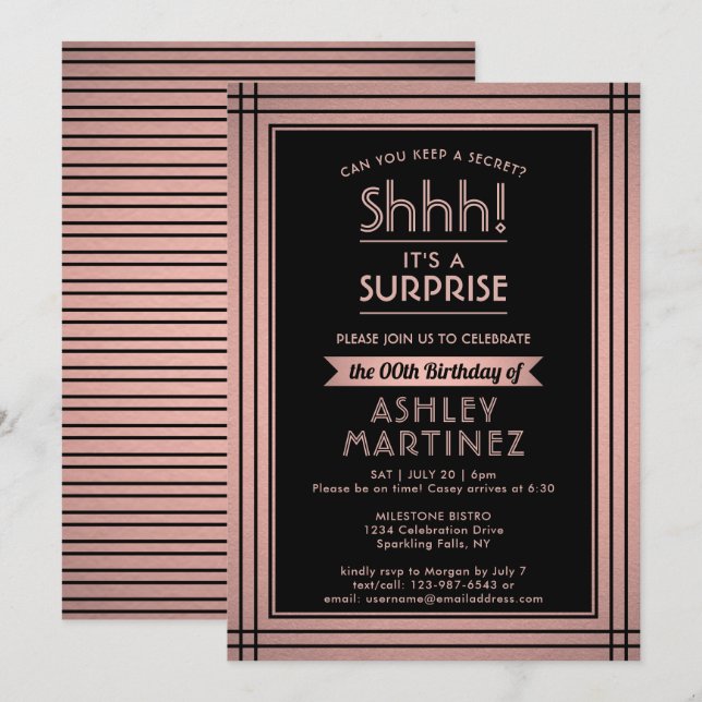 Birthday Surprise Party Shhh! Elegant Pink & Black Invitation (Front/Back)