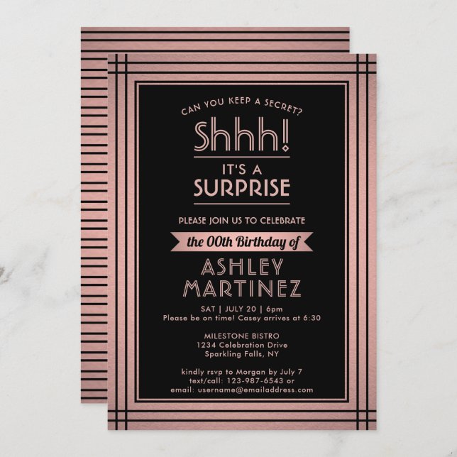 Birthday Surprise Party Shhh! Elegant Pink & Black Invitation (Front/Back)