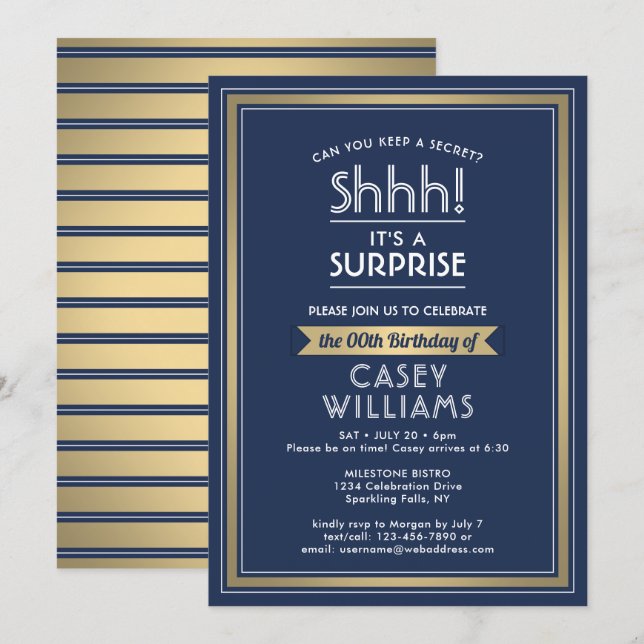 Birthday Surprise Party Shhh! Navy Blue and Gold Invitation (Front/Back)