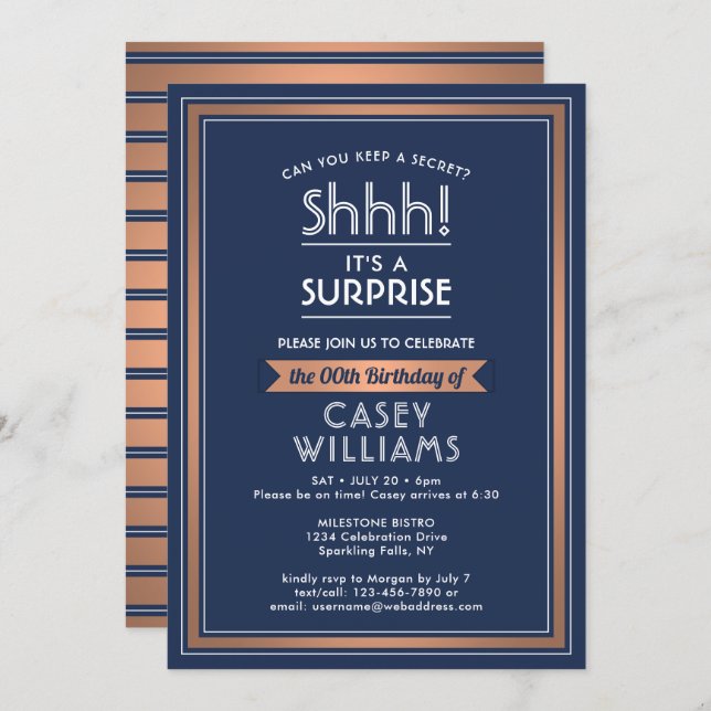 Birthday Surprise Party Shhh! Navy Blue & Copper Invitation (Front/Back)