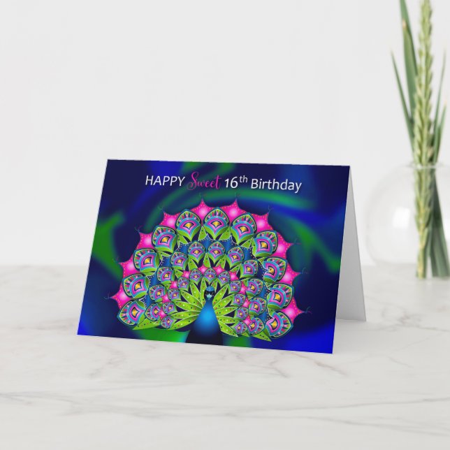 Birthday Sweet 16 Beautiful Colourful Peacock Card (Front)