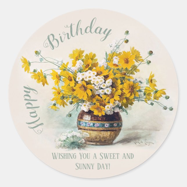 Birthday Sweet & Sunny De Longpre flowers CC1014 Classic Round Sticker (Front)