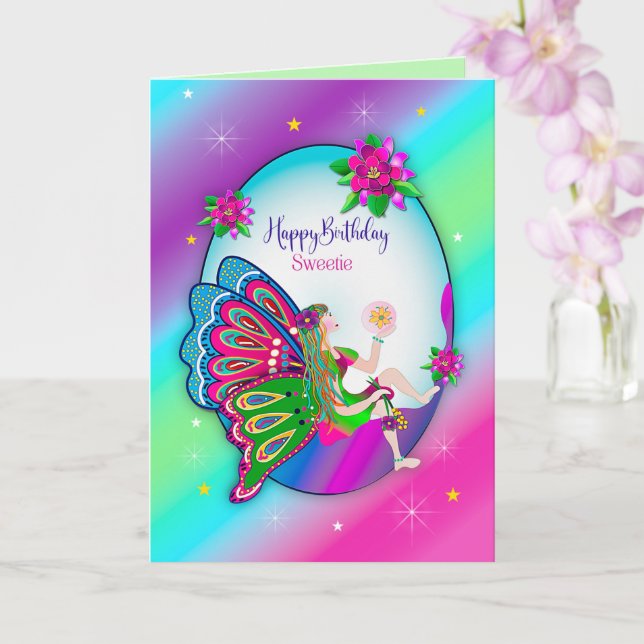Birthday Sweetie Magical Colourful Butterfly Fairy Card (Orchid)