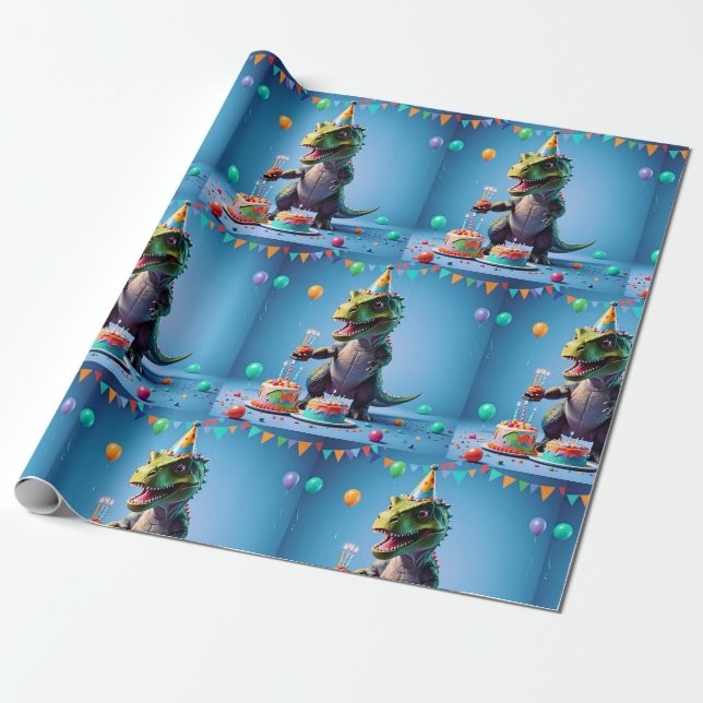 Birthday T-Rex Wrapping Paper (Unrolled)