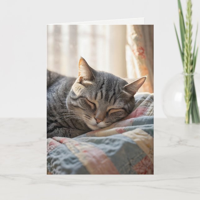 Birthday Tabby Cat Sleeping On Old Quilt Card (Front)
