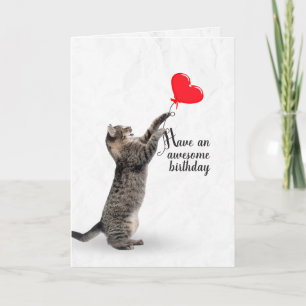Birthday tabby cat with heart balloon card