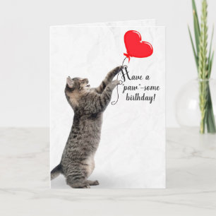 Birthday Tabby Cat with Heart Balloon  Card