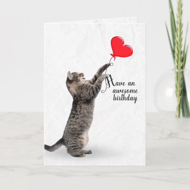 Birthday tabby cat with heart balloon card (Front)