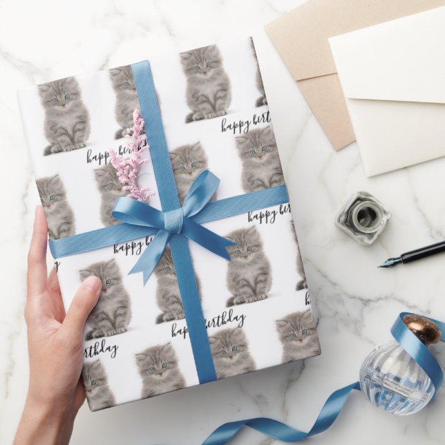 Birthday Tabby Kitten On White Wrapping Paper (Gifting)