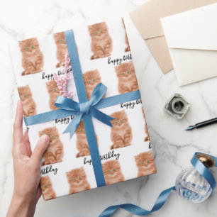Birthday Tabby Kitten On White Wrapping Paper