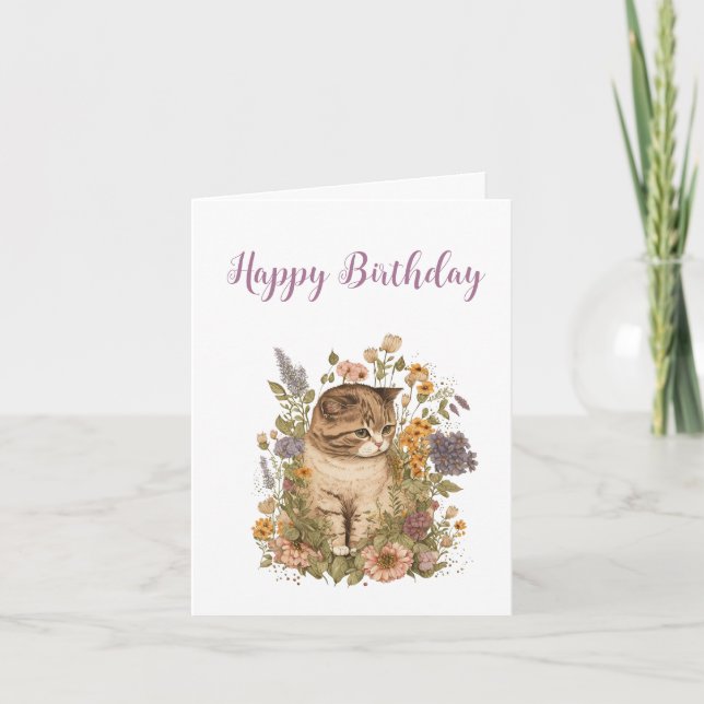 Birthday. Tabby Kitten with Flowers. Thank You Card (Front)