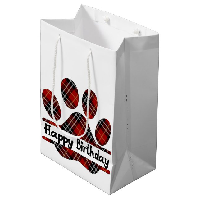 Birthday Tartan Plaid Paw Print On White  Medium Gift Bag (Front Angled)