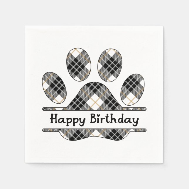 Birthday Tartan Plaid Paw Print On White Napkin (Front)