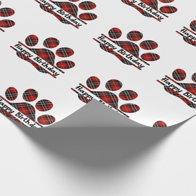 Birthday Tartan Plaid Paw Print On White Wrapping Paper (Corner)
