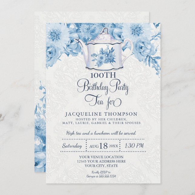 Birthday Tea Party Dusty Blue White Floral Teapot Invitation (Front/Back)