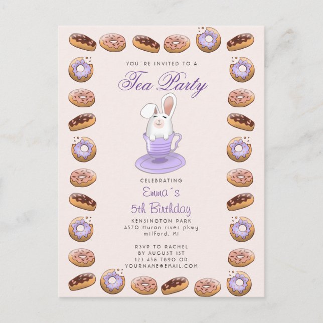 birthday tea party invite bunny and doughnuts postcard (Front)